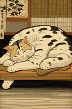 A contented fat cat relaxes in a traditional Japanese ukiyo-e style artwork, vertical aspect, AI