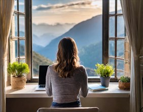 Woman looking out of a window at a mountain landscape, in front of her a laptop, AI generated, AI