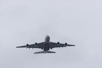 Airbus A380 aircraft of Emirates airlines on approach to land at Heathrow airport, England, United