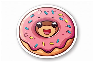 A cute cartoon donut with smiling face, pink icing, and colorful sprinkles, ai generated, AI