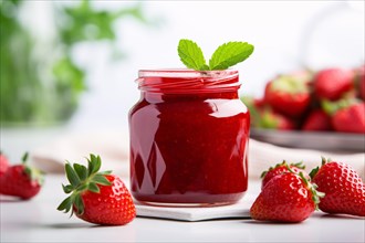 Glass jarw ith red strawberry jam or marmelade surrounded by fruits. KI generiert, generiert AI