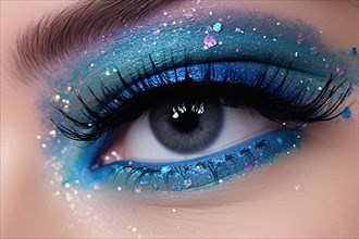 Close up of woman's eye with beautiful blue eyeshadow makeup with glitter and dark long black