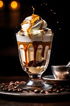 Vanilla gelato embraced by a cascade of hot espresso in a translucent dessert glass, AI generated
