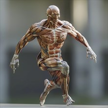 Anatomical model in a running pose shows the muscle dynamics of the human body, AI generated, AI