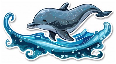 A happy cartoon dolphin surrounded by curvy blue waves, ai generated, AI generated