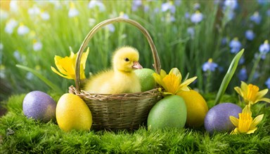 KI generiert, An Easter basket with coloured eggs in a meadow with colourful flowers, in the basket