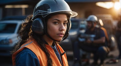 Serious woman with a helmet at a construction site during evening time, women at heavy industrial