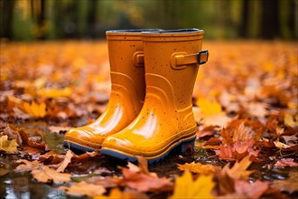 Pair of yellow rubber boots in forest with colorful autumn leaves. KI generiert, generiert AI
