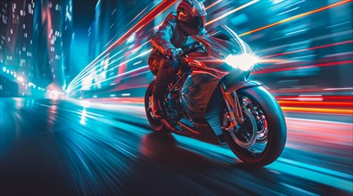 Motorcyclist racing through a neon-lit city at night, exuding a sense of speed and future, ai