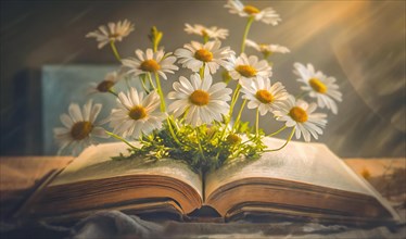Daisy flowers growing out of an open book. The beautiful world inside a textbook. Educational and