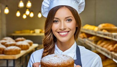 Ai generated, woman, 20, 25, years, shows, bakery, bakery shop, cake, female baker