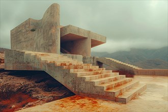 Deserted modern concrete building with abstract shapes under an overcast sky, AI generated