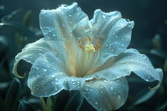 A delicate daylily covered in dew drops with a soft white and teal glow, AI generated