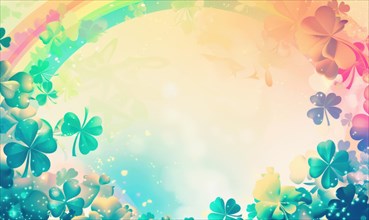 A soft pastel colored background with clovers and a festive atmosphere AI generated