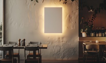 Modern restaurant interior featuring an illuminated frame on a white wall and minimalist decor AI