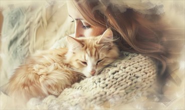 A serene moment of a woman snuggling with her cat wrapped in a cream blanket AI generated