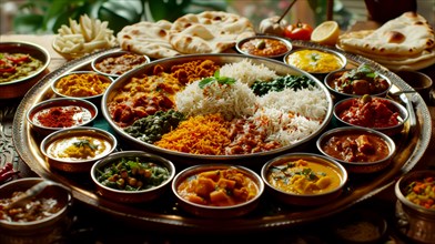 A colorful spread of various Indian dishes in a celebratory setting, ai generated, AI generated