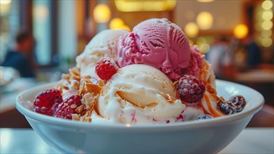 Colorful ice cream topped with almonds and fresh berries in a white bowl, ai generated, AI