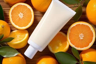 Tupe of facial or hand cream surrounded by orange fruits. KI generiert, generiert AI generated