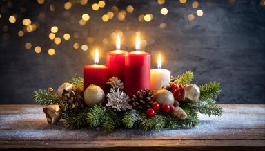 Ai generated, Advent wreath with burning candles, Christmas season, Christmas decoration, 4th
