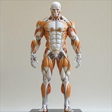 A standing anatomical model of a human body without skin shows muscles and skeleton, AI generated,