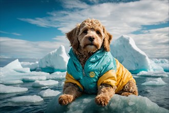 Lagotto Attentive dog wearing a blue yellow jacket on a floating ice sheet, alone isolated in the