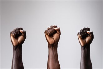 Raised fists of black african american men in front of gray background. KI generiert, generiert AI