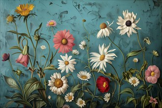 Illustration, daisies and other flowers in different colours, AI generated, AI generated, AI
