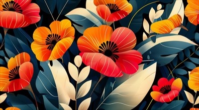 Modern digital design with elegant floral illustrations, showcasing blue, red, and orange tones, ai