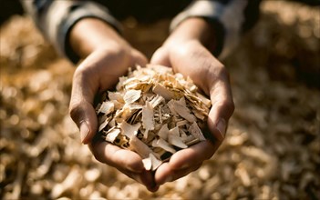 Holding woodchips in your hands, woodchips, renewable fuel, climate change, AI generated, AI