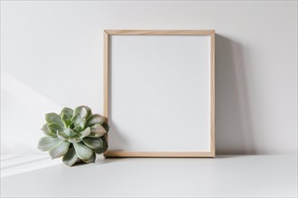 Single wooden empty picture frame leaning on white wall next to succulent houseplant. Poster mockup