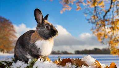 KI generated, A colourful dwarf rabbit in autumn, ice, snow, onset of winter, side view,