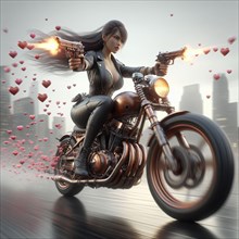 A woman in action shooting guns while riding a vintage rusty motorcycle, hearts flying around her,