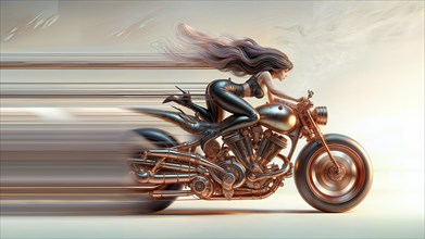 Artistic representation of a woman speeding on a motorcycle with a strong sense of forward motion,