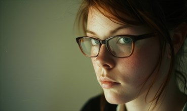A close-up of a redhead in spectacles with a thoughtful expression in dim lighting AI generated
