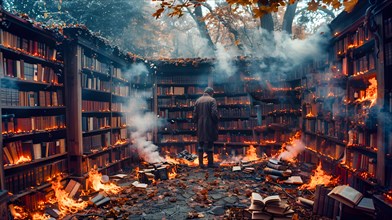 Symbolic image for a book burning, a man stands in front of several bookshelves that start to burn