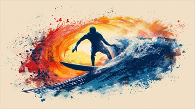 A vibrant action shot of a surfer on a wave at sunset with dynamic splatter art, ai generated, AI
