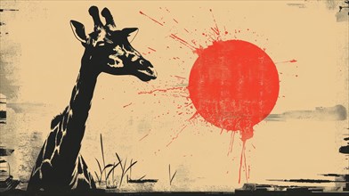 Silhouette of a giraffe with a red splatter on a yellow-beige background, ai generated, AI