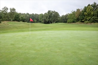 A quiet golf course with a red flag on the green and surrounded by trees