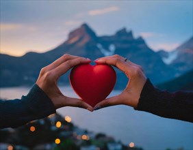 A red heart is held between two hands with a mountain backdrop, AI generated, AI generated