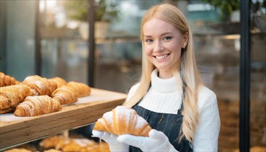KI generated, woman, 20, 25, years, shows, bakery, bakery shop, baquette, white bread, croissant,