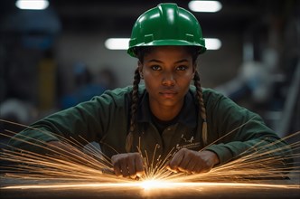 Female african american worker intensely focused while welding with bright sparks flying, women at