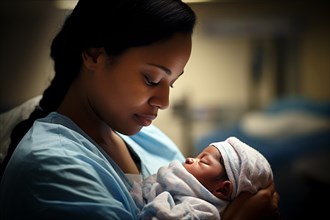 Young black african american mother or nurse in blue hospotal scrub holding newborn baby. KI