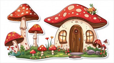 Whimsical illustration of a fantasy mushroom house surrounded by nature and small details, ai