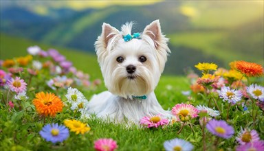 KI generated, A white Yorkshire Terrier lying in a flower meadow, (Canis lupus familiaris)