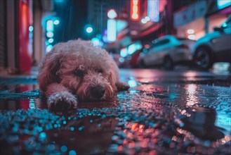 An abandoned, stray, young mixed-breed dog lies on a wet road at night and looks sad, AI generated,