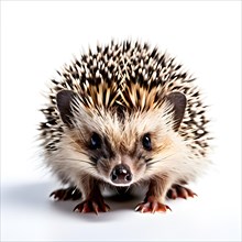 European hedgehog curled into a defensive ball spikes sharply protruding, isolated on white