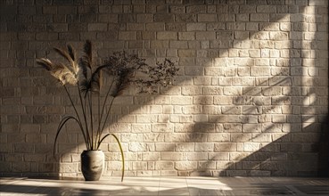 Warm sunlight illuminates a vase with flowers casting intricate shadows on a brick wall AI