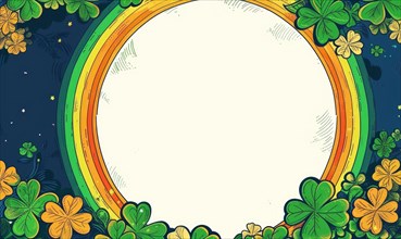 Stylized shamrocks and circular frame with neon colors on a dark background AI generated