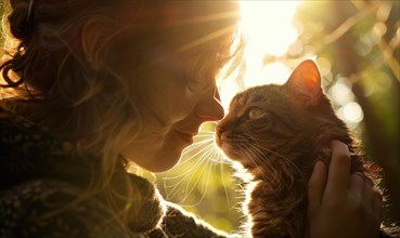 A silhouette of a woman gently holding and looking at her cat with affection in sunset lighting AI